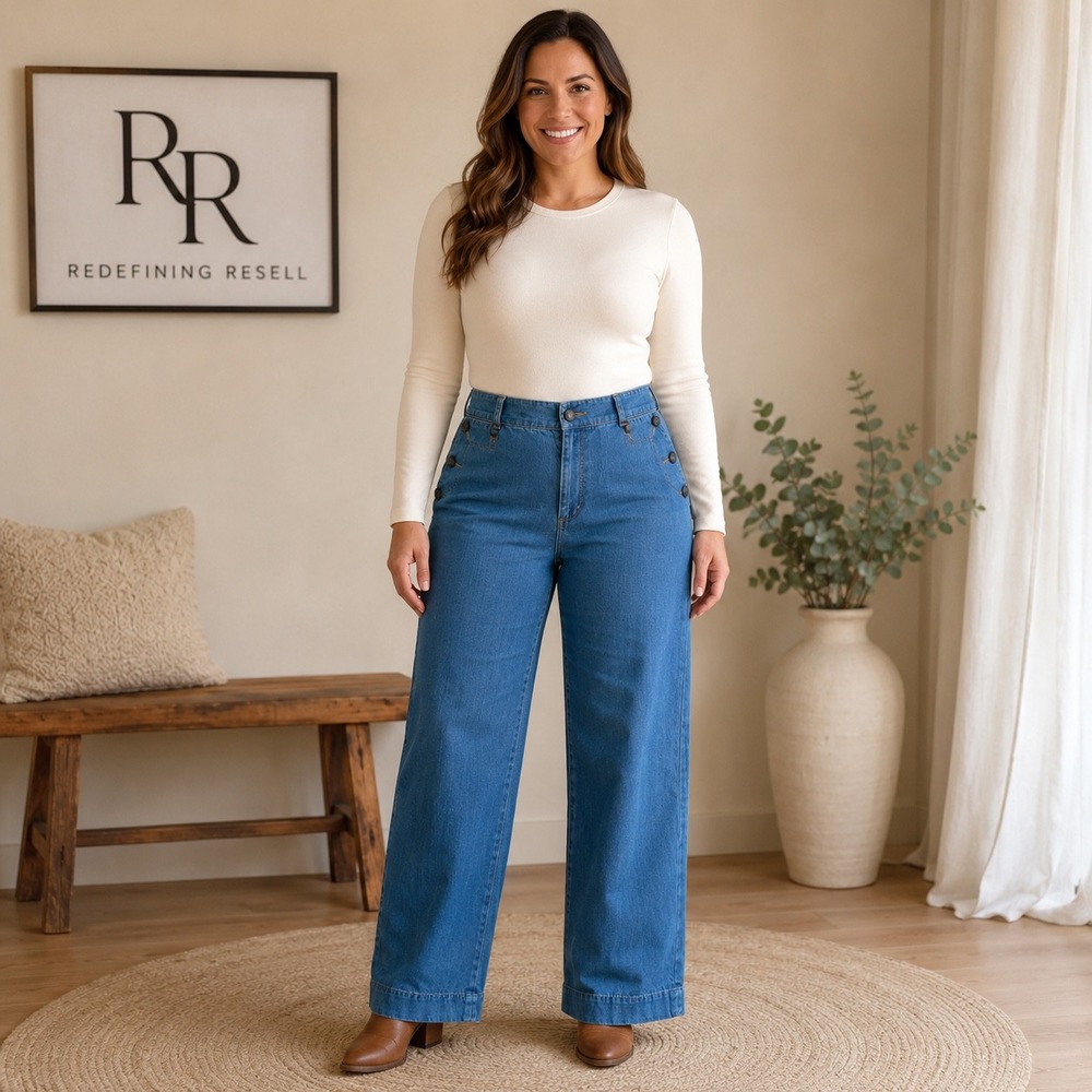 Lauren Ralph Lauren Sailor Wide Leg Jeans Blue Denim High Rise Button Size 10